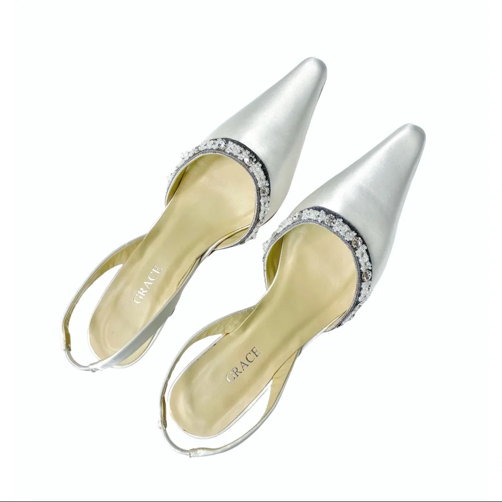 Grace Amare Beaded White Silk Slingbacks - Size 7
